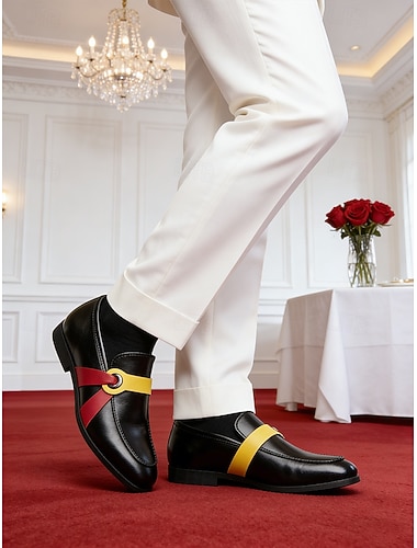  Instappers voor heren van imitatieleer met kleurblokken, modieuze trouwschoenen met gele en rode details voor speciale gelegenheden.