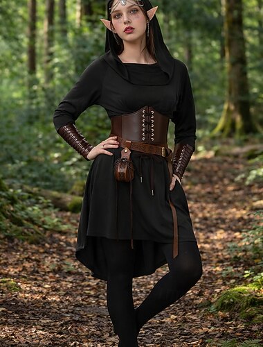  Set Retro vintage Middeleeuws Renaissance Asymmetrisch Jurken Korset Helm met accessoires Lange Mouwen Elf Fee Kostuum Dames Fantasie Halloween Carnaval Renaissance beurs LARP Retro themafeest