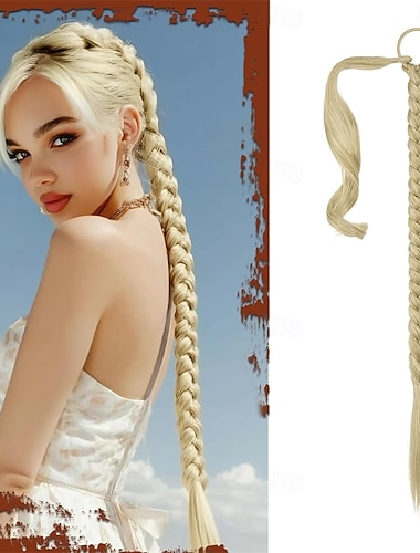  Lang flettet hestehaleforlengelse med hårbånd rett elegant omsluttende hårforlengelser flettet hestehale fluffy myke syntetiske parykker for kvinner daglig bruk, 26 tommer - lys blond blandet platina