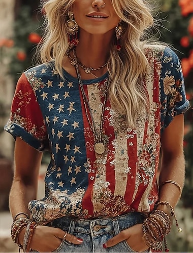  Amerikaanse onafhankelijkheidsdag Dames T-shirt Afdrukken Grafisch Brief Amerikaanse vlag Stijlvol Klassiek Casual Korte mouw Strakke ronde hals Normale tops Dagelijks Rood Zomer Lente