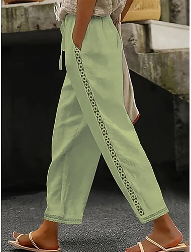  Femmes Coton mélangé Chinos Droit Mode Streetwear Occasionnel Longueur complète Taille haute Uni Dentelle Avec Poches Ceinture Élastique Confortable Doux Respirant Micro-Élastique Extérieur Vacances