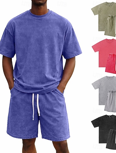  Herren Trainingsanzug Shorts und T-Shirt-Set Lässiges, einfarbiges Set aus Baumwolle Kurzarm Rundhalsausschnitt Sommer Einfarbig Gymnastik Lässig 2 teilig Jahrgang Lässig Urlaub Alltagskleidung