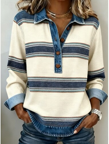  Damen Pullover Mode Streetwear Lässig Gestreift Gerippt Hemdkragen Patchwork Gestrickt Langarm Normale Oberteile Stricken Täglich Outdoor Wochenende Aprikose Frühling Herbst