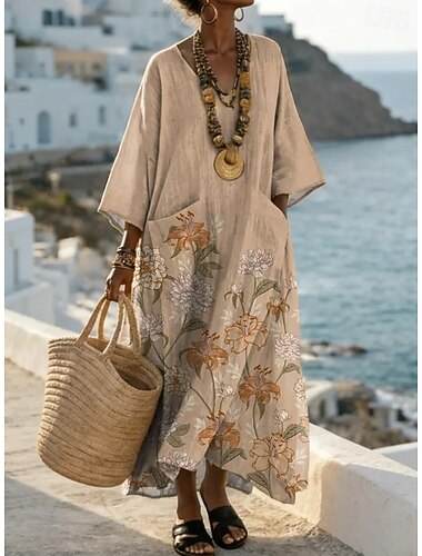  Dame Maxikjole Skiftkjole Ferie Fritid Bohem utendørs Strand Ut på byen Løstsittende Blomstret Grafisk Langermet V-hals Grågrønn Svart Lysebrun Sommer Vår