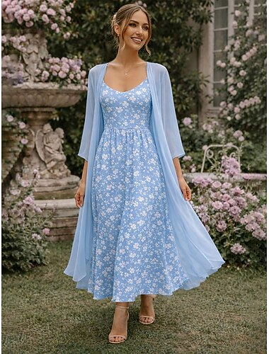  Dame Kjolesett Kjole med A-linje Elegant Ferie Blomstret Grafisk Multi Layer Trykt mønster Midikjole 3/4 ermer V-hals Daglig Feriereise Blå Gul Rosa Sommer Vår Normal