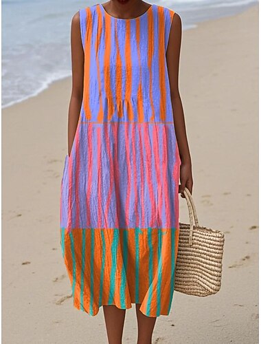  Per donna Abito Midi Abito a Tubino Vestito Estivo Abito a trapezio Vacanza Casual Boho Spiaggia Uscire Vestibilità comoda Grafico Geometrico Astratto Senza Maniche Girocollo Rosa Viola chiaro Zenzero