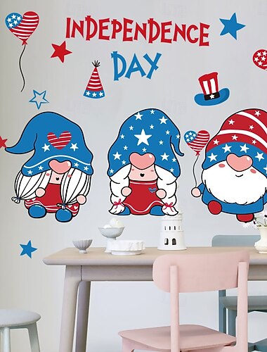  Veggklistremerker til uavhengighetsdagen 4. juli, patriotiske gnomer med stjerner og striper, rød, hvit og blå selvklebende dekor til hjemmeklasserom, kontor, barnerom, festdekorasjoner