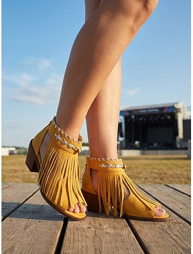  Blå bohemiao-sandaler med frynser og blokkhæl til dame – sommersko med åpen tå i vestlig stil for musikkfestivaler og uformelle utflukter