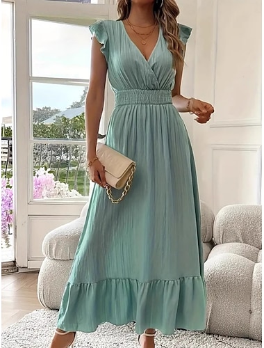 Mujer Vestido Midi Vestido informal Elegante Moda Moderno Exterior Vacaciones Noche Ajuste regular Plano Manga Corta Escote en Pico Negro Amarillo Verde Claro Rojo Verano Primavera
