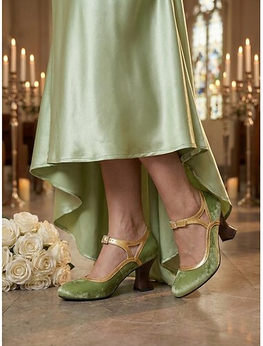  décolleté mary jane vintage anni '30 verdi e dorate da donna con fibbia di strass, comode con tacco medio, perfette per eventi formali e feste a tema retrò