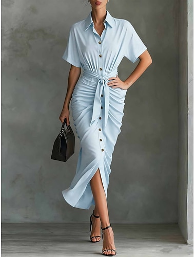  Dámské Midi šaty Áčkové šaty Letní šaty prázdniny Na běžné nošení Běžný Bez vzoru Krátký rukáv Do V Vodní modrá Světlá růžová Rubínově červená Trávová zelená Léto Jaro