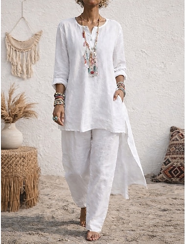  Boho-Hemden-Sets für Damen, zweiteilig, in Leinenoptik, aus Baumwollimitat, mit weitem Bein, langen Ärmeln, V-Ausschnitt, schlichtem Streetwear-Stil, lässig, für den Alltag, in Blau, Schwarz und Weiß, Sommer, normale Passform