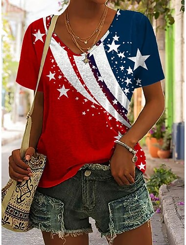  Uafhængighedsdag Patriotisk Kvinders T-shirt Print Grafisk Flag Vintage Stilfuld Klassisk Kortærmet V-hals Regelmæssige Toppe Daglige Sort Hvid Marineblå Rød  Blå Sommer Forår