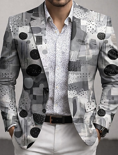  Herre Geometrisk Blazer jakke Frakk Mote Bekvem Pustende Kunstnerisk Fritid Avslappet Daglig Festkveldsklær 3D-utskrift Knapper Multi lomme Vår Høst vinter Flat krage Langermet Blå Lilla Oransje