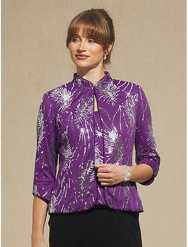  Dames Blouse Geklede topjes Avondtops Pailletten Veer Elegant 3/4 mouw Mandarijn Kraag Normale tops Avond Feest Formele kleding Cocktail kledij Aubergine Lente Herfst Winter