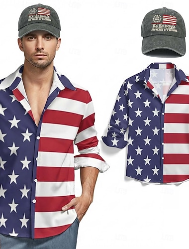  Amerikansk 250-årsjubileumssett med langermet skjorte og matchende hatt - USA-flagg, 50-årsjubileum, 4. juli, uavhengighetsdag, for menn og voksne