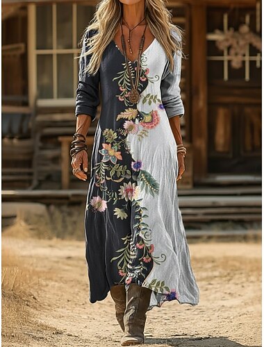  Dámské Maxi dlouhé šaty Boho šaty Vintage šaty Volnočasové šaty Vinobraní Denní Venkovní Dovolená Běžný Květinový Dlouhý rukáv Do V Černobílá Jaro Podzim