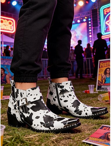  Bottes de festival pour hommes en cuir véritable, motif vache, pour festival de musique