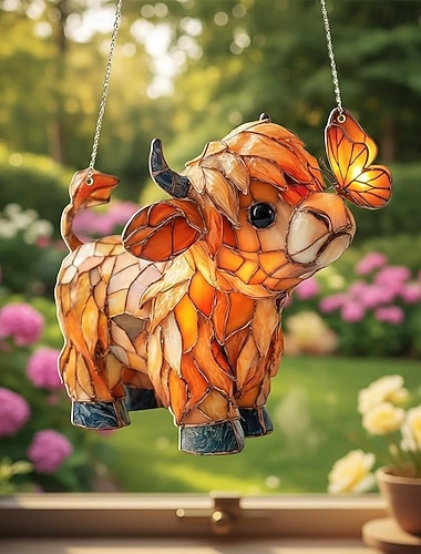  Schmetterlings-Sonnenfänger mit Hochlandkuhmotiv, Acryl-Fensterhänger, Bauernhoftier-Sonnenfänger-Dekoration für Zuhause, Wintergarten, Garten, Geschenk für Kuhliebhaber