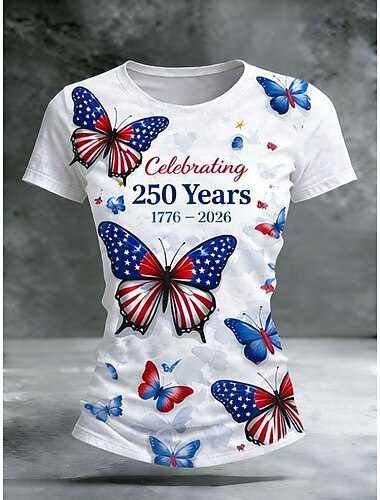  Giorno dell'Indipendenza Americana Per donna Maglietta Blocco di colore Stampato Grafico Bandiera Americana Vintage Elegante Classico Manica Corta Girocollo Top Regolari Quotidiano Weekend Bianco