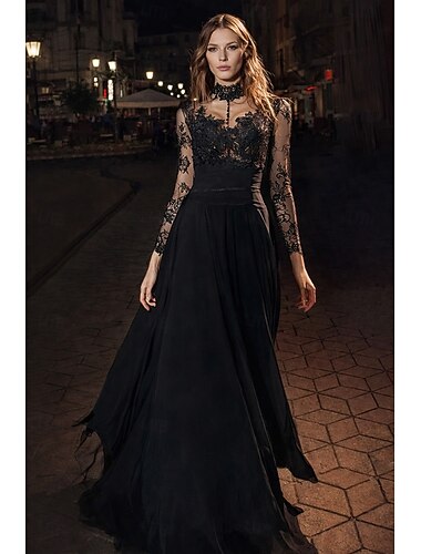  A-linja Kokopitkä Tanssiaismekot Vintage Pitkähihainen poolokaulus Naamiaiset Musta mekko Sifonki Pitsi kanssa Applikaatiot