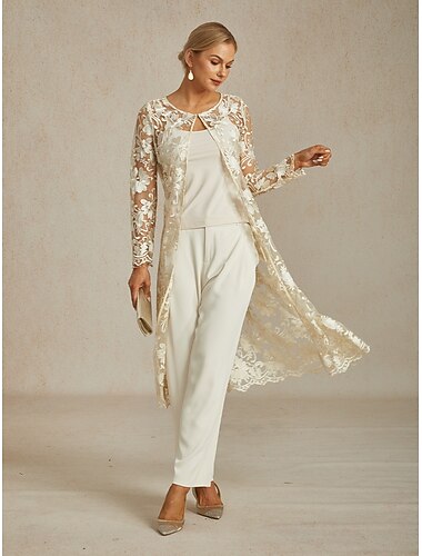  Dames Jas Ademend Kant Geborduurd Elegant Bloemig Dagelijks Vuosipäivä Bruiloft gast Voorkant met knopen Lang Ronde hals Normale pasvorm Lange mouw bovenkleding Champagne Zomer Lente