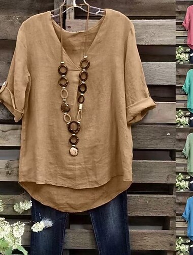  Mulheres Blusa Camisa de linho sintético Côr Sólida à moda Casual Meia Manga Gola Redonda Tops regulares Diário Azul Verde Claro Rosa Verde Cáqui Verão Primavera