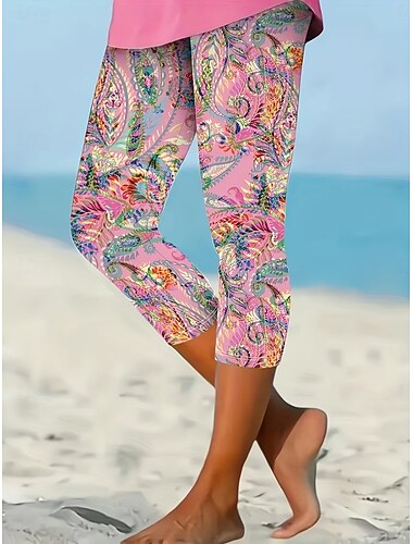  Dámské Kalhoty chinos Legíny prázdniny Vinobraní Šik ven Capris Vysoký pas Květinový Grafika Kašmírový vzor Potisk Pohodlné Yumuşak Elastické Denní Venkovní Dovolená Světlá růžová Léto Jaro Podzim