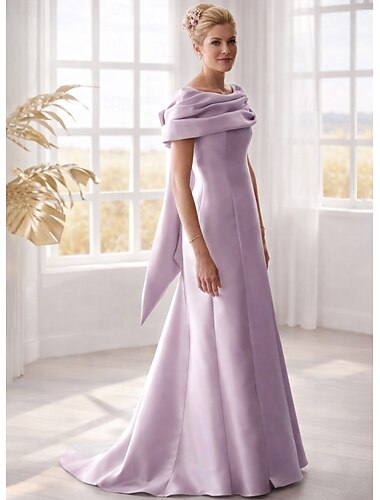  A-lijn Tot de grond Bruiloft gast jurk Formele jurk Avondjurk Moeder van de bruid jurk Mouwloos Schouderafhangend Elegant Formeel Satijn met Strik(ken) Plooien