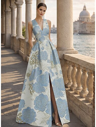  Corte A Hasta el Suelo Vestidos de noche Corte Cenicienta Elegante Vintage Floral Sin Mangas Escote en Pico Boda Formal Bolsillo Jacquard con Estampado flor Plisado Bolsillo