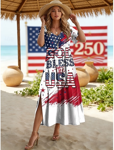  Unabhängigkeitstag Amerikanisches Jubiläum Patriotische Damen Maxi Kleid T-Shirt Kleid T-Shirt Kleid Sommerkleid Shift Kleid Urlaub Lässig Feiertag Reguläre Passform Grafik Amerikanische Flagge
