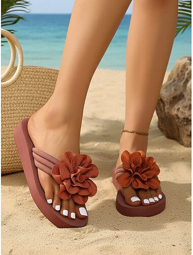  Roze dames teenslippers met bloemenprint en 3D-bloemenapplicatie – schattige platform teenslippers voor strandvakanties, zomervakanties en bij het zwembad.