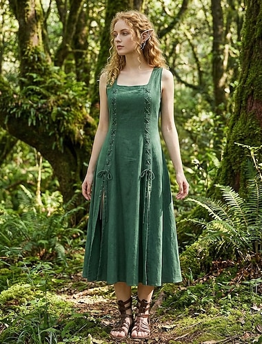  Retro / vintage Kostymer i middelalderstil Renessanse Gulvlengde Kjoler Ermeløs Fe Kostyme Dame fantasi Halloween Karneval Renessansemesse LARP Voksen Kjole Alle årstider