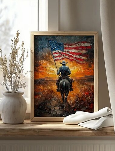  Amerika 250 Jahre, handgemaltes Ölgemälde auf Leinwand, Wanddekoration, amerikanischer Western, Cowboys, Sterne und Streifen, für die Heimdekoration, gerollt, rahmenlos, ungespannt