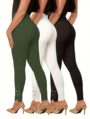  Dames Broek Leggings Modieus Streetwear Basic Volledige lengte Hoge taille Effen Kant Elastische taille Comfort Rekbaar Dagelijks Vakantie Sport Zwart Wit Groen Lente Herfst Normale pasvorm