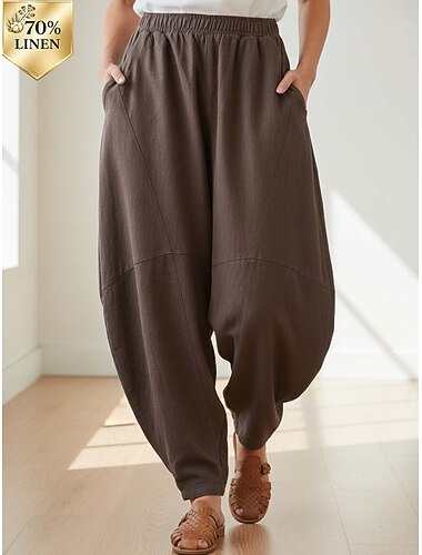  Damen Hose aus Baumwollleinen Chinos Sommerhose Lange Unterhosen Urlaub Streetwear Basic Volle Länge Mittlere Taillenlinie Einfach Tasche Elastischer Bund Bequem Komfort Unelastisch Täglich Outdoor