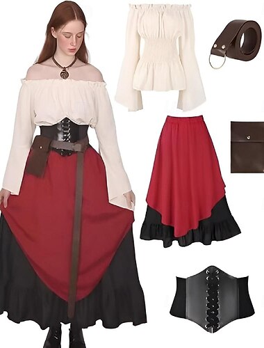  Set Retro vintage Middeleeuws Renaissance Maxi Rok Blouse / overhemd Outfits met accessoires Lange Mouwen Piraat Kostuum Dames 5 stuks Halloween Carnaval Renaissance beurs Volwassenen Blouse Rok