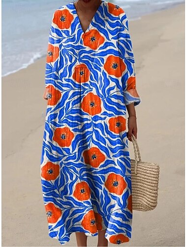  Mujer Vestido maxi Vestido de cambio Vacaciones Casual Noche Holgado Floral Graphic Manga Larga Escote en Pico Azul Piscina Amarillo Naranja Azul-Blanco Verano Primavera