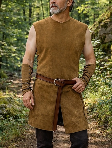  مجموعة عتيق / معتق العصور الوسطى عصر النهضة سترة حزام الخصر دعامة المعصم مع الملحقات بلا أكمام إلف Ranger رقبة دائرية ملابس تنكرية للجنسين خيال عيد الرعب مهرجان معرض النهضة LARP بالغين