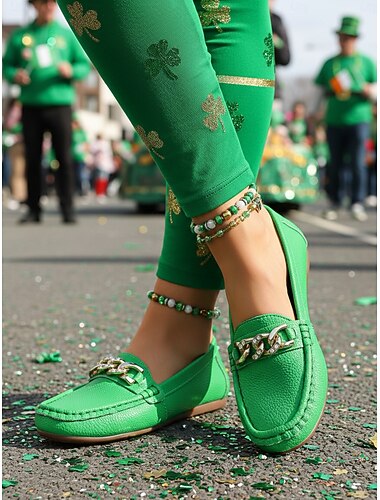  Damesloafers in groene stijl voor St. Patrick's Day - comfortabele instapschoenen in mocassinstijl voor parades, festivals, reizen, streetwear en Ierse festiviteiten. &alledaagse kleding