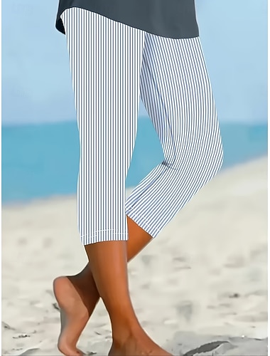  Dámské Kalhoty chinos Legíny Společenské oblečení prázdniny Vinobraní Šik ven Capris Vysoký pas Grafika Proužky Potisk Pohodlné Yumuşak Elastické Denní Venkovní Dovolená Vodní modrá Námořnická mod