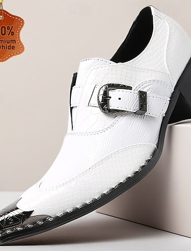  Hvite formelle herresko i ekte skinn, trendy spenne-reim-festsko til bryllup, luksuriøst fottøy til brudgom og bryllupsgjester