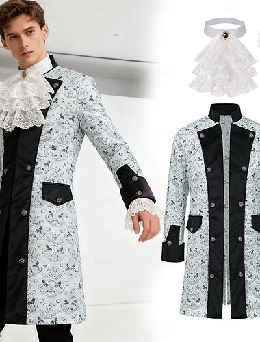  Ροκοκό Μεσαίωνα Αναγέννησης Επίστρωση Φανταστική φορεσιά Γιακάς με Βολάν Μακριά Μανίκια Ευγενής Βασιλική ενδυμασία Φανταχτερή Φόρεμα Ανδρικά Φαντασία Απόκριες Επίδοση LARP Ρεν Φερ Ενηλίκων