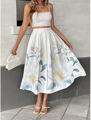  Γυναικεία Φούστα διακοπών Μοντέρνα Καθημερινό Μίντι Ψηλή Μέση Φούστες Φλοράλ Στάμπα Μικροελαστικό Καθημερινά Δρόμος Μπεζ Άνοιξη Πολυεστέρας