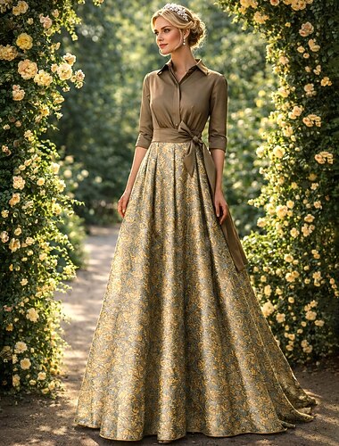  A-lijn Tot de grond Shirtjurk Bruiloft gast jurk Formele jurk Moeder van de bruid jurk Lange mouw Overhemdkraag Elegant Vintage Bruiloft Formeel Nylon met Bloemenprint Strik(ken) Zak
