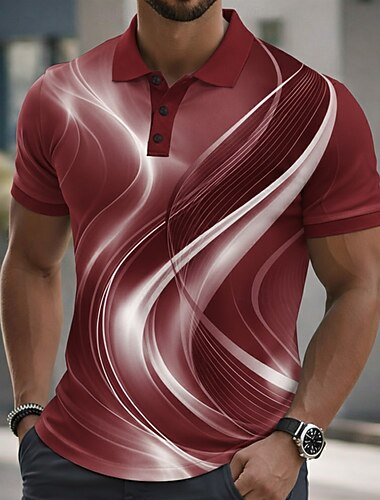  رجالي هندسي خط قمصان البولو كم قصير قمصان البولو قميص بياقة كاجوال ملابس الرياضة Buttons الصيف الربيع أحمر ذهبي