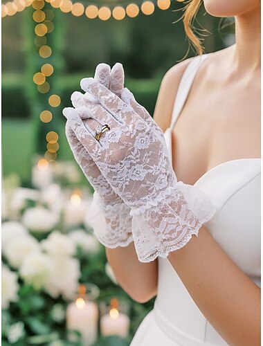  Dameshandschoenen van polyester met kant, elegant doorschijnend bloemenpatroon, zacht en licht, vintage klassieke stijl in diverse kleuren, bruidshandschoenen voor avondfeesten, gala's en formele gelegenheden.