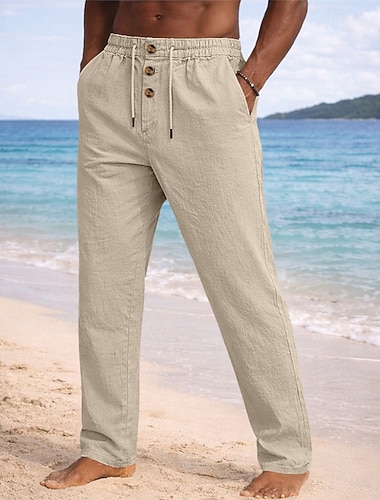  Herren Leinenhosen Hose Sommerhose Strandhose Kordelzug Elastischer Bund Gerader Schnitt Einfach Leicht Atmungsaktiv Volle Länge Lässig Täglich Strand Urlaub Mode Blau Schwarz Mikroelastisch