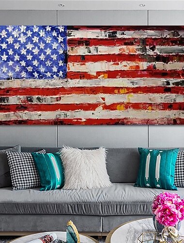  Handgemaltes Ölgemälde auf Leinwand, Wanddekoration mit Sternen, Streifen und amerikanischer Flagge, für die Heimdekoration, auf Keilrahmen gespannt / gerollt, rahmenlos, ungespannt