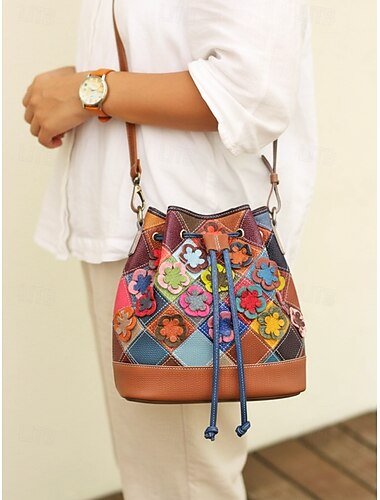  Sac seau bohème en cuir pour femme, motif floral multicolore, polyvalent, bandoulière réglable, parfait pour un usage quotidien décontracté